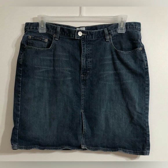 Calvin Klein women’s Denim Jean Skirts five pockets front slit pull on.16 - Picture 1 of 7